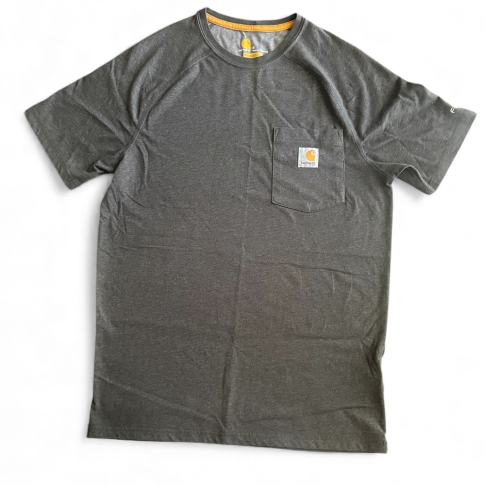 Carhartt Men's Short Sleeve Pocket Tee in Dark Gray with Yellow Logo Accent